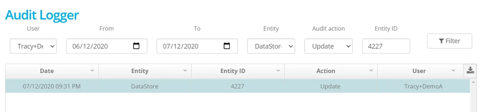 Audit Logger filters set to a user, date range, Entity DataStore, Audit action Update and Entity ID 4227, with the Filter button