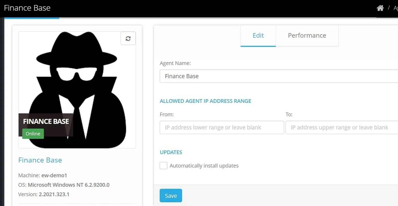 Agent page for Finance Base, Edit tab, with the Updates section's Automatically install updates checkbox unticked and the Save button