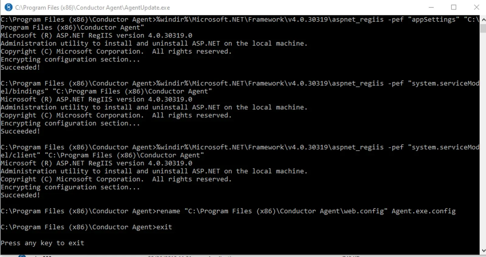 AgentUpdate.exe console window showing three Encrypting configuration section... Succeeded! results and Press any key to exit