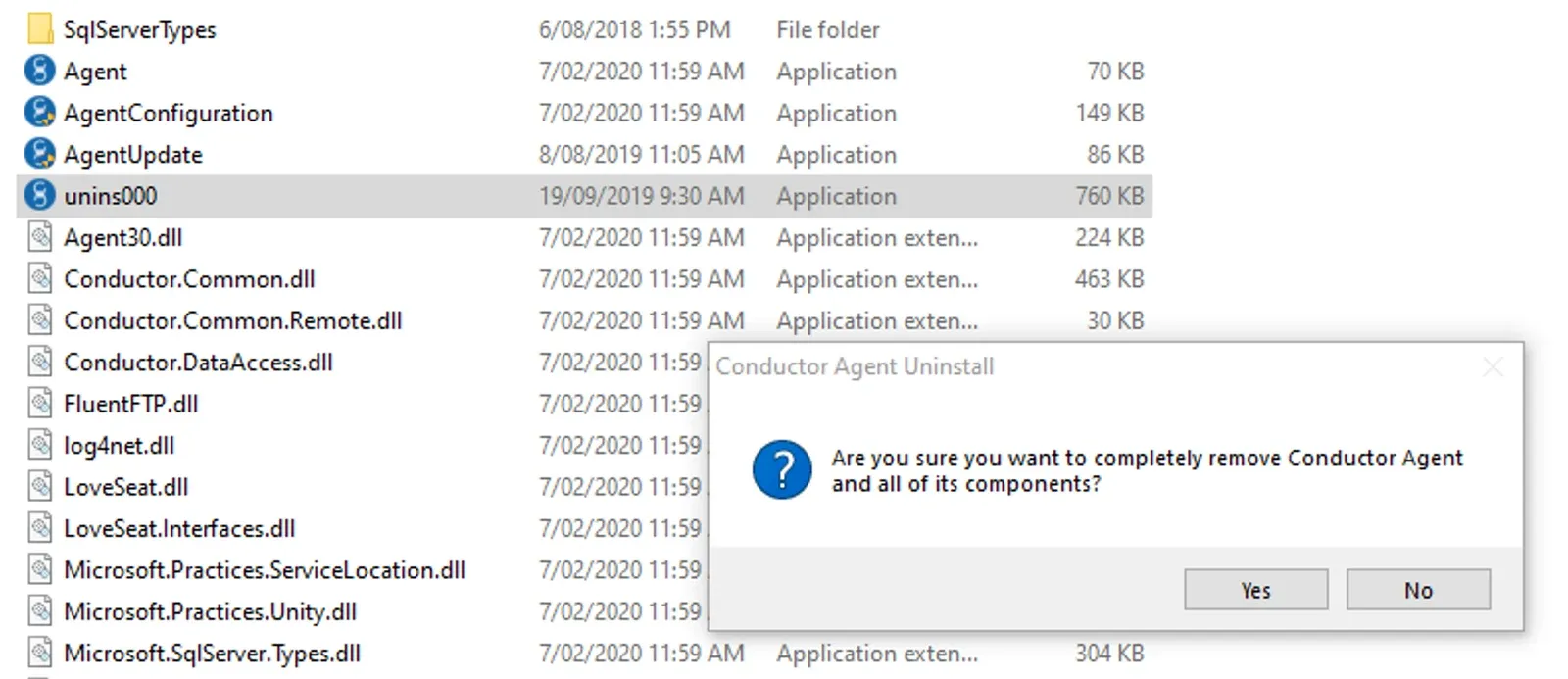 Conductor Agent Uninstall confirmation dialog with the Yes button, shown over the Agent folder with unins000 selected