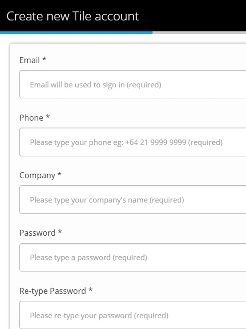 Create new Tile account form with Email, Phone, Company, Password and Re-type Password fields