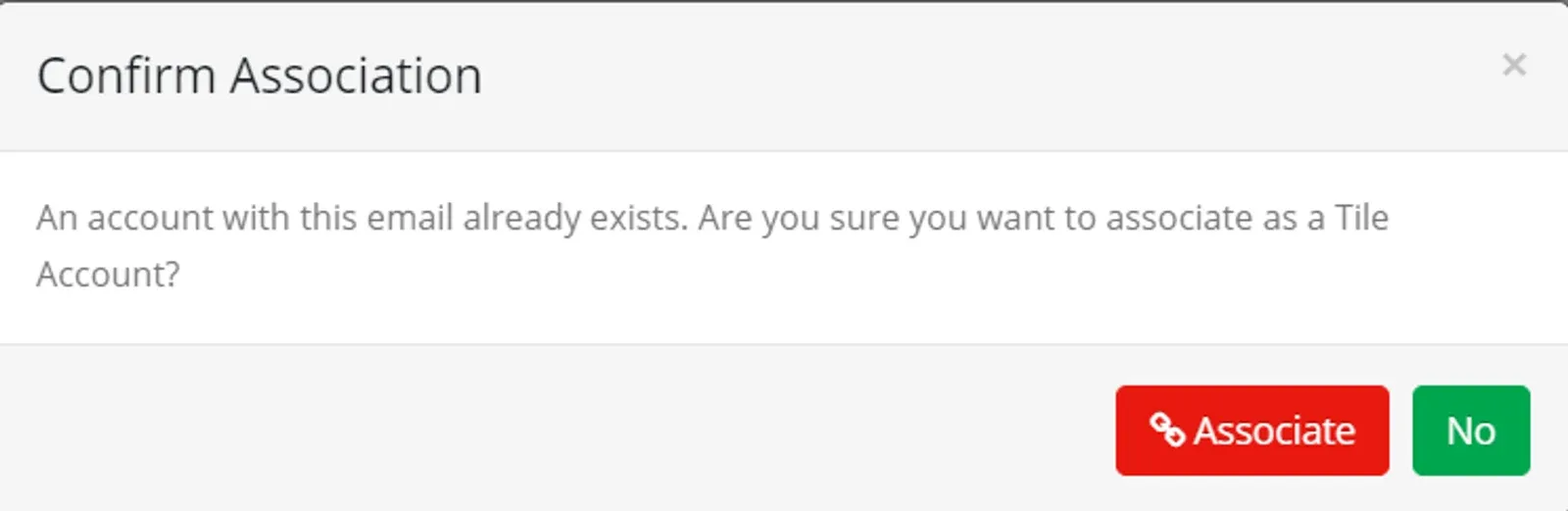 Confirm Association dialog saying an account with this email already exists, with Associate and No buttons