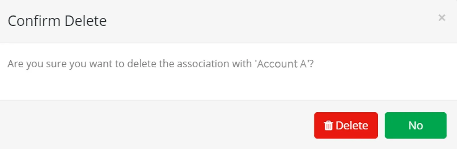 Confirm Delete dialog asking to delete the association with 'Account A', with Delete and No buttons