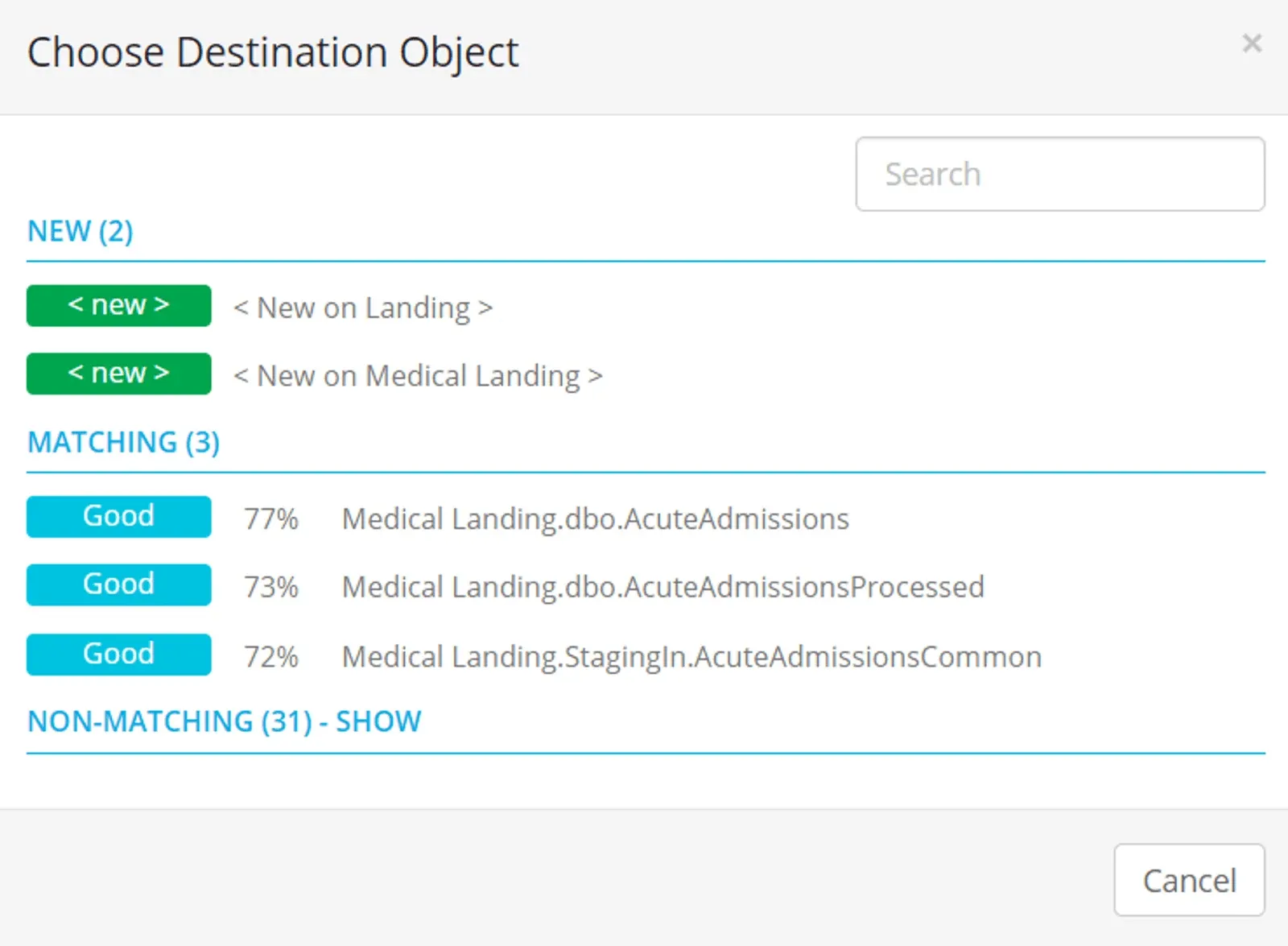 Choose Destination Object dialog listing New options and Matching objects rated Good with 77%, 73% and 72% scores