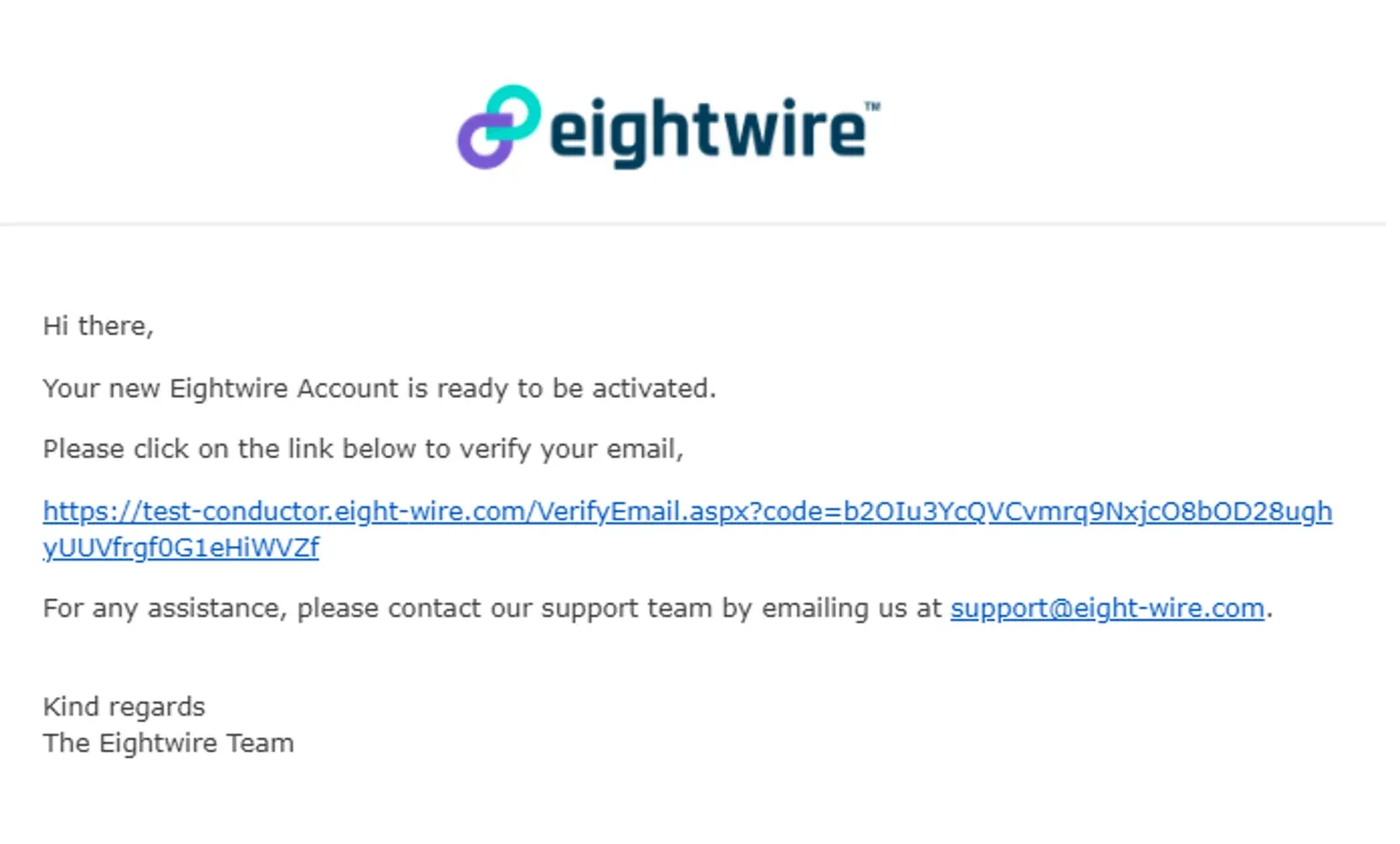 Eightwire verification email stating the new Account is ready to be activated, with the VerifyEmail link to click