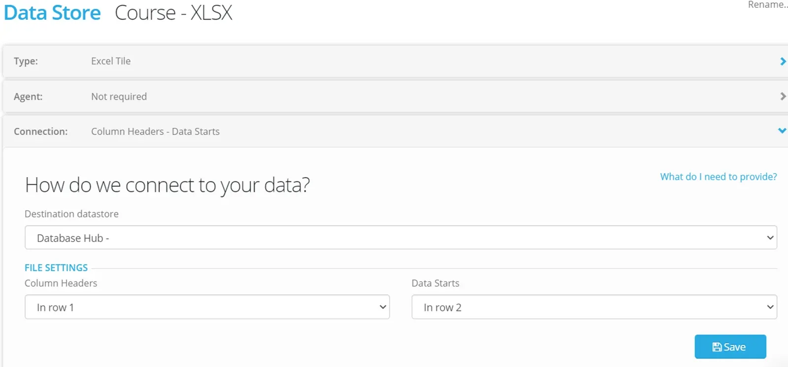 Excel Tile Connection panel: Destination datastore dropdown Database Hub, Column Headers In row 1, Data Starts In row 2, Save button