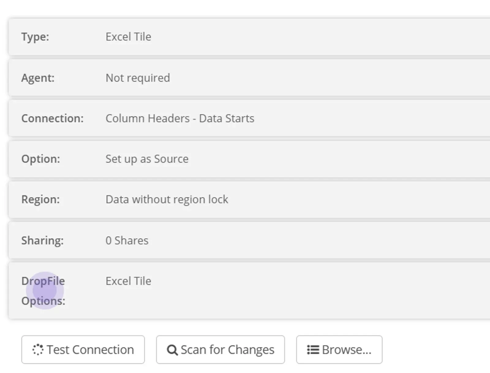 Excel Tile Datastore summary with Type, Agent, Connection, Option, Region, Sharing rows and the DropFile Options tab highlighted