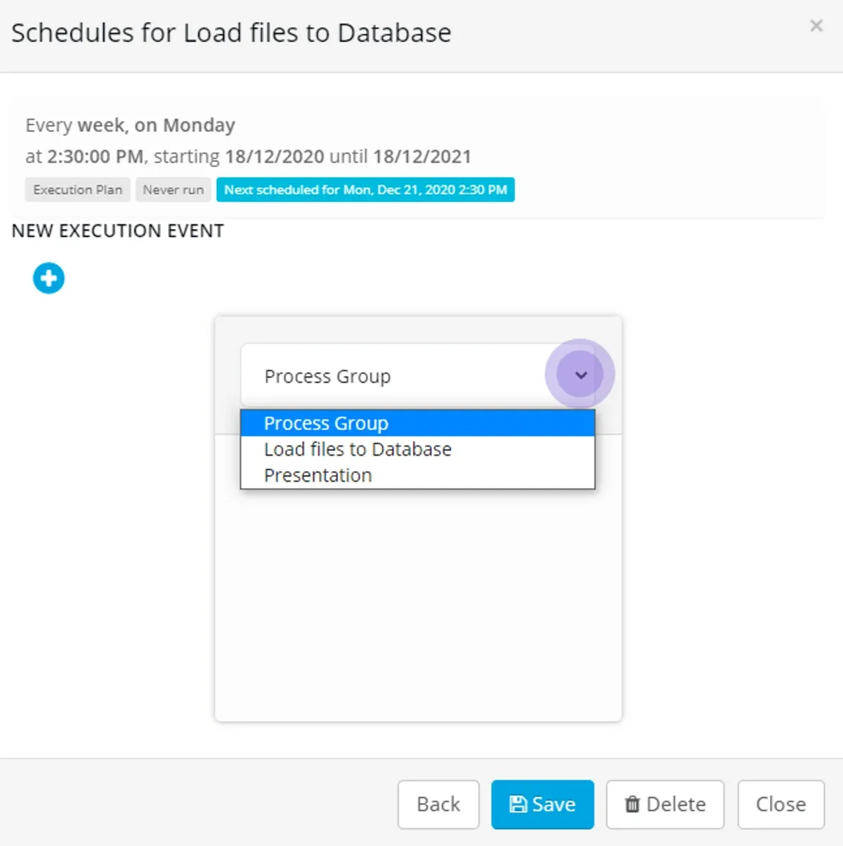Define the execution event schedule (screenshot)