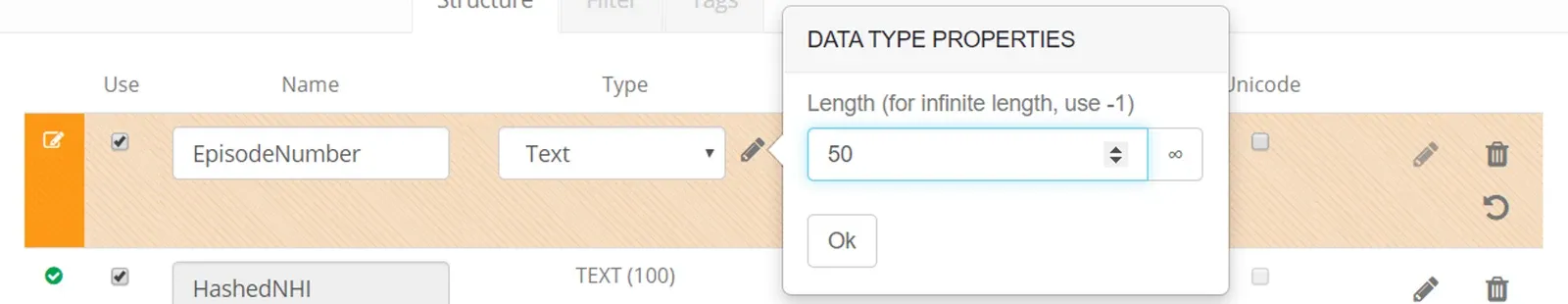 Edit Structure: existing columns (screenshot)